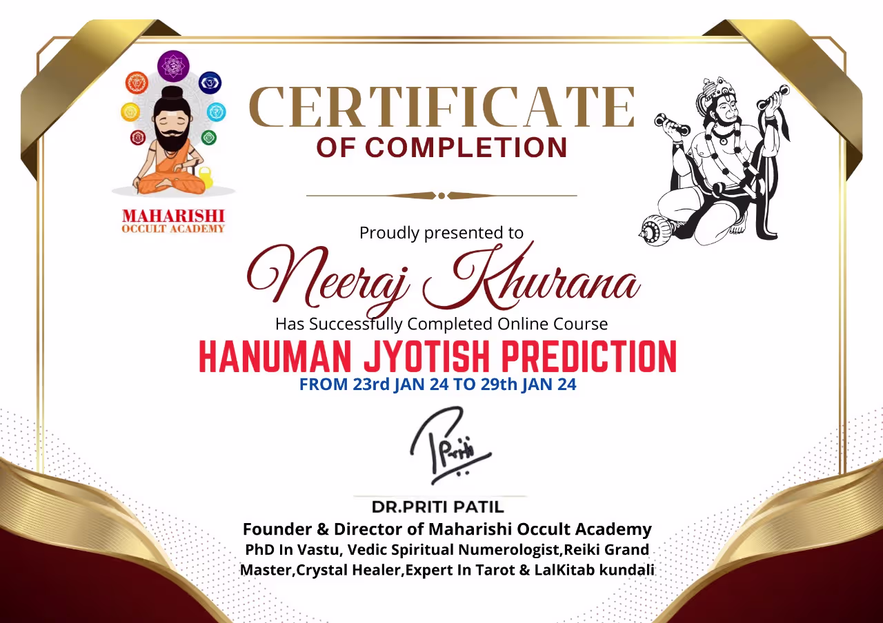 Hanuman Jyotish Prediction course completion certificate for Neeraj Khurana from Maharishi Occult Academy