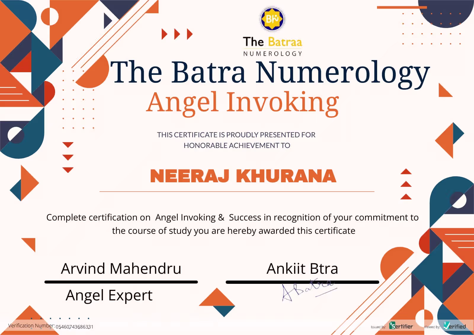 Angel Invoking and Success certification issued to Neeraj Khurana by The Batra Numerology