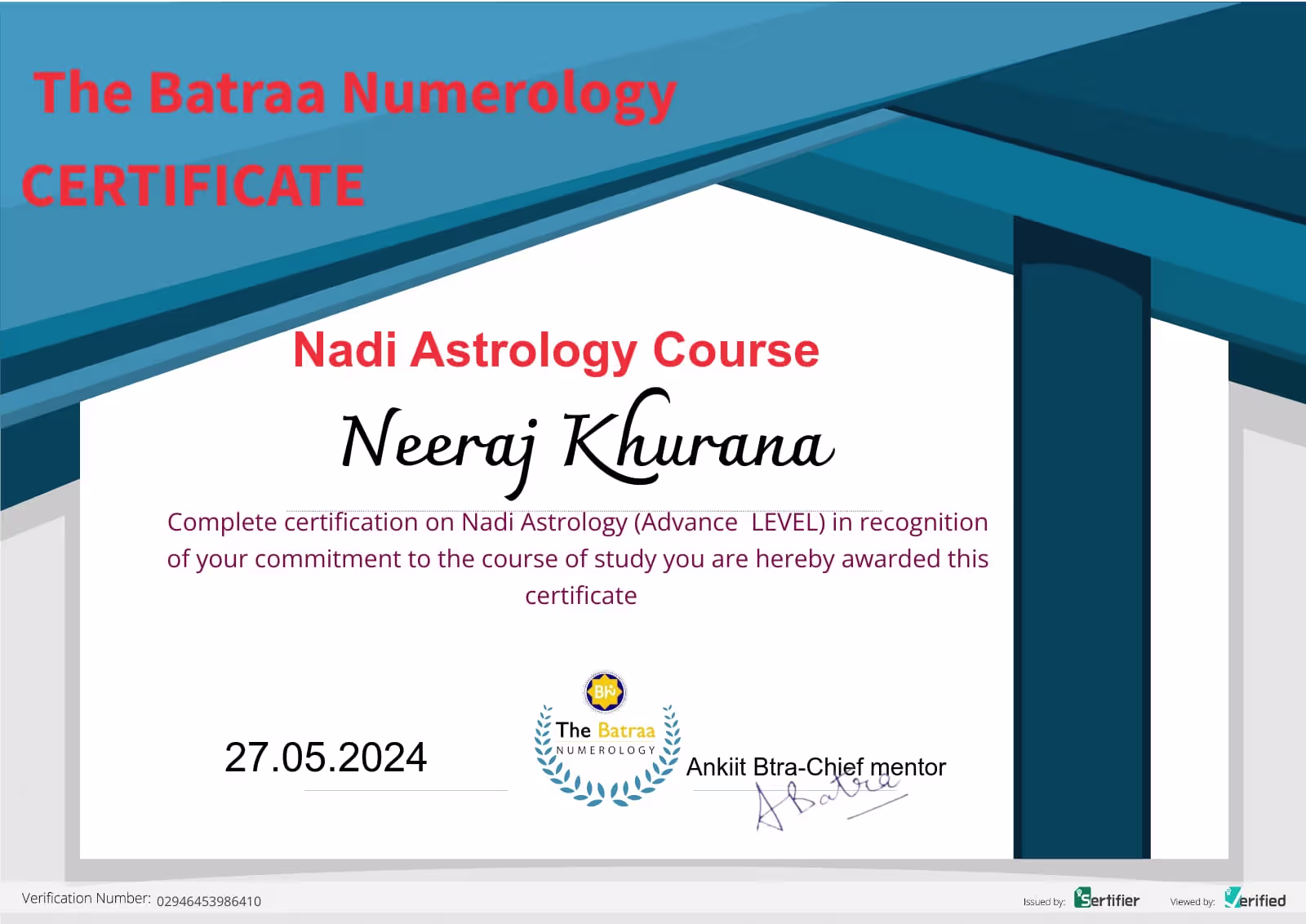Nadi Astrology (Advance Level) certification issued to Neeraj Khurana by The Batraa Numerology, 2024