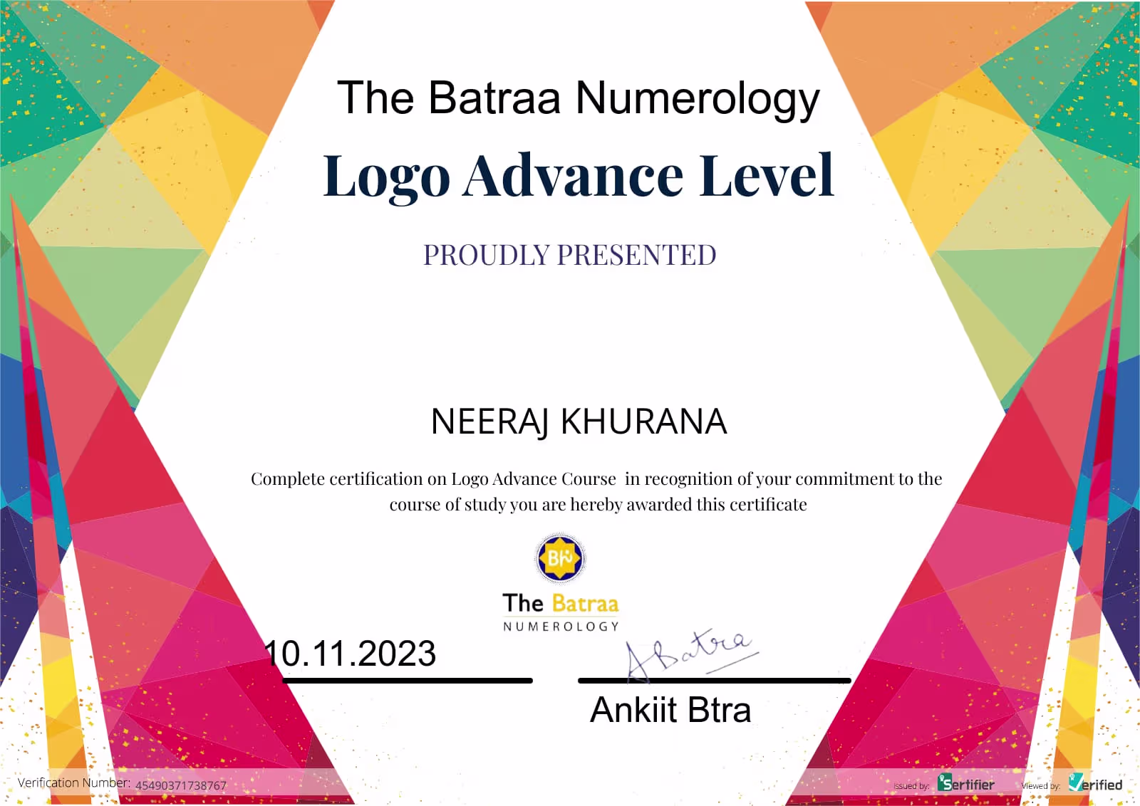 Logo Advance Level certification issued to Neeraj Khurana by The Batraa Numerology, 2023