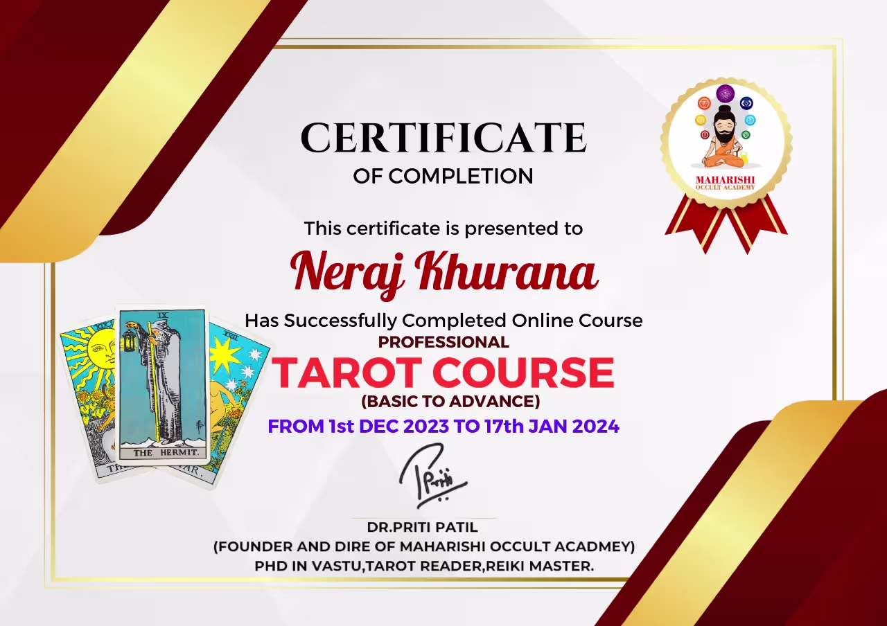 Professional Tarot Course (Basic to Advance) completion certificate for Neraj Khurana from Maharishi Occult Academy