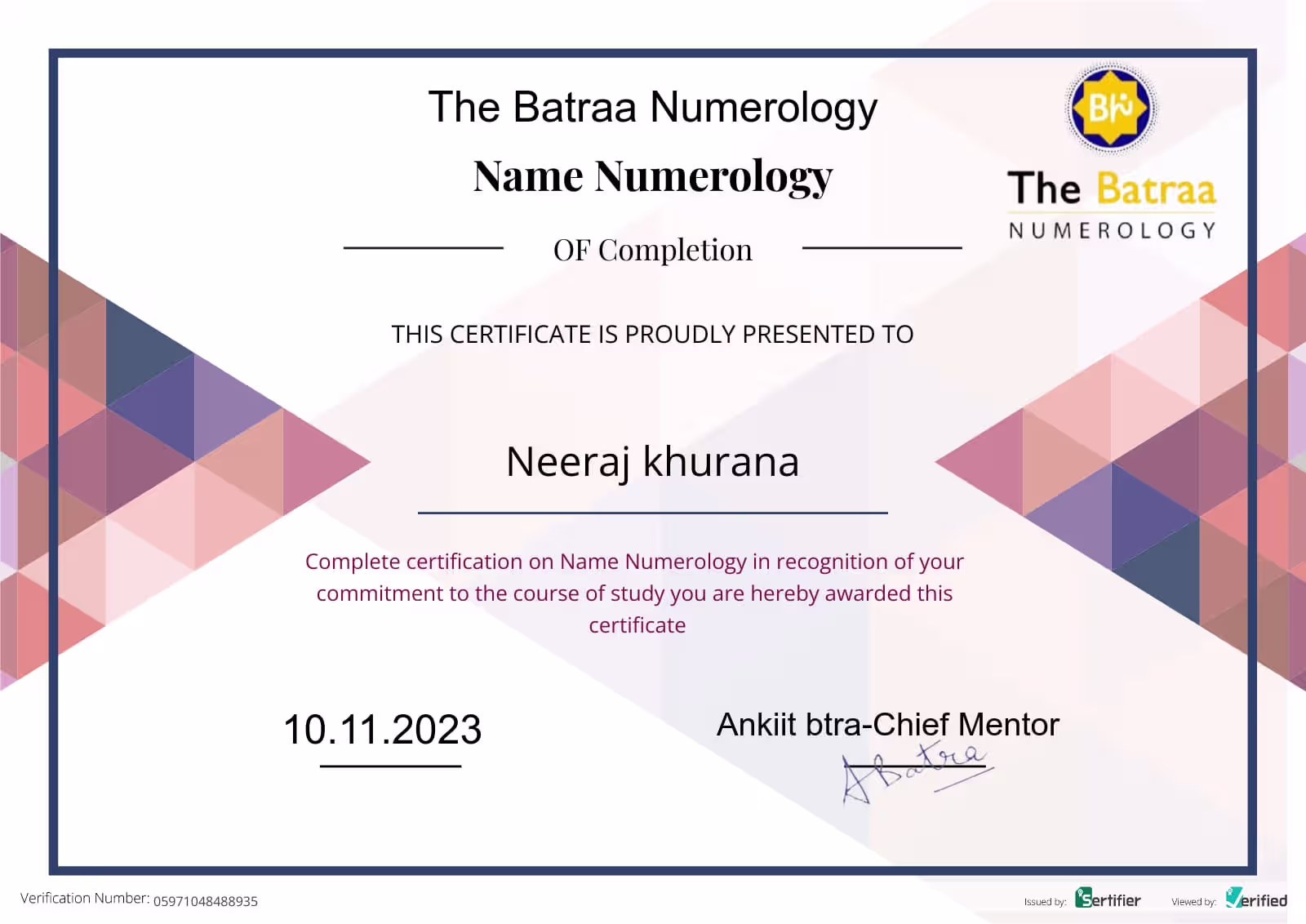 Name Numerology certification issued to Neeraj khurana by The Batraa Numerology, 2023
