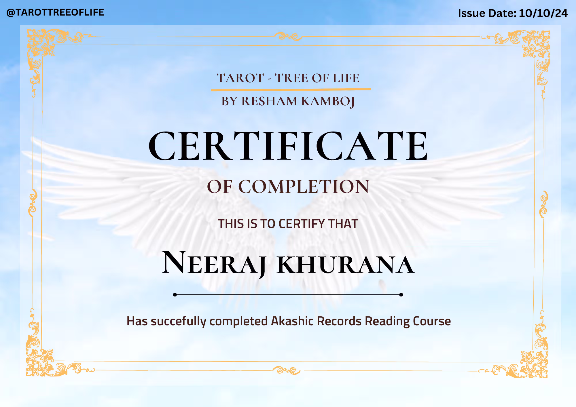 Akashic Records Reading Course completion certificate for Neeraj Khurana from Tarot - Tree of Life
