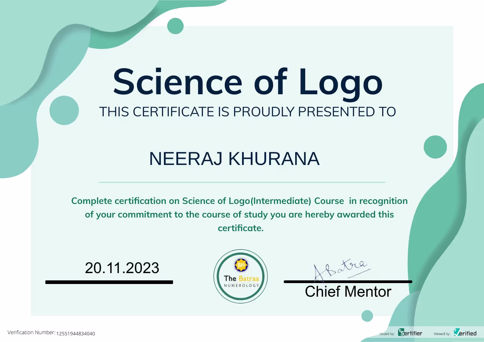 Science of Logo (Intermediate) certification issued to Neeraj Khurana by The Batraa Numerology, 2023