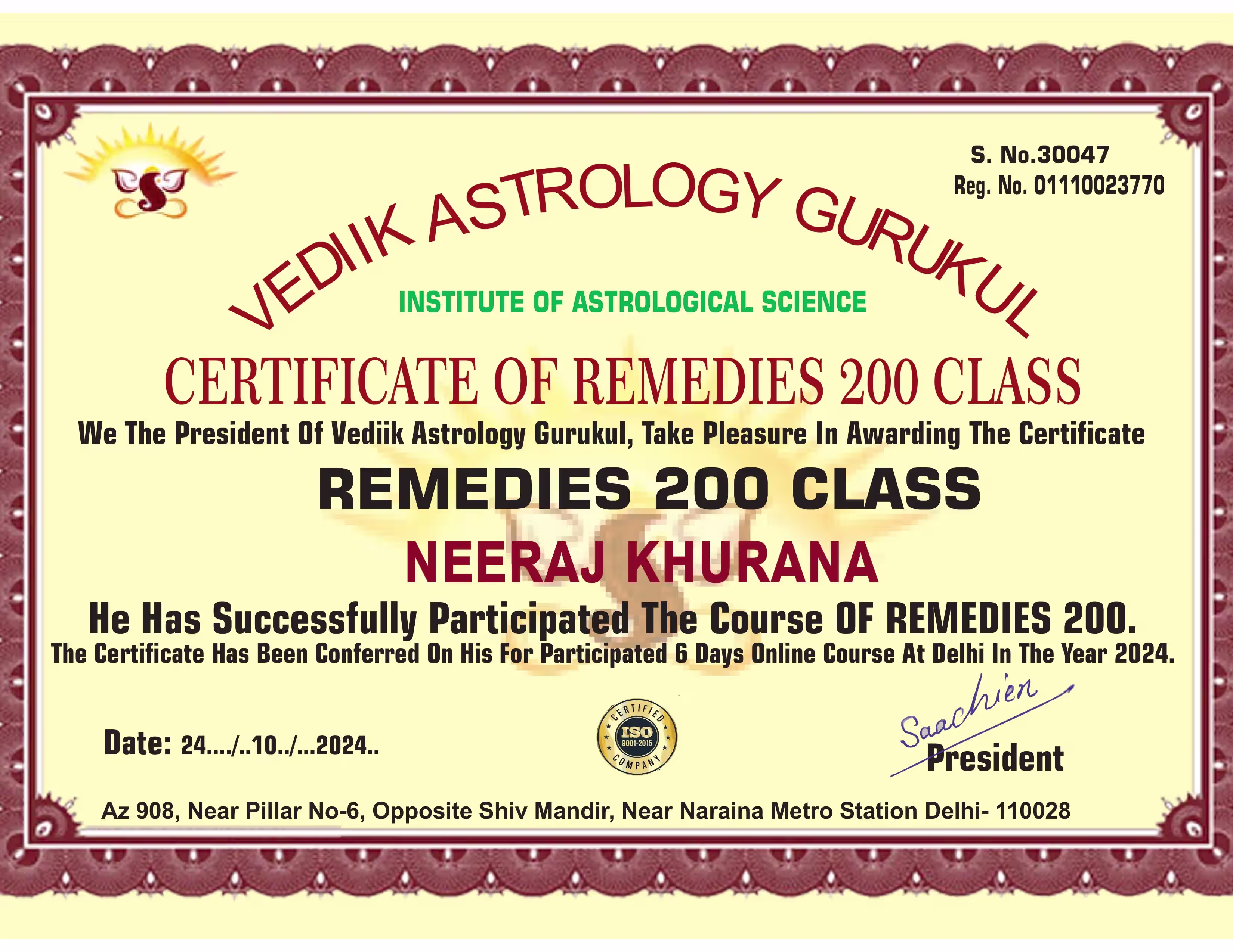 Certificate of Remedies 200 Class awarded to Neeraj Khurana by Vediik Astrology Gurukul, 2024