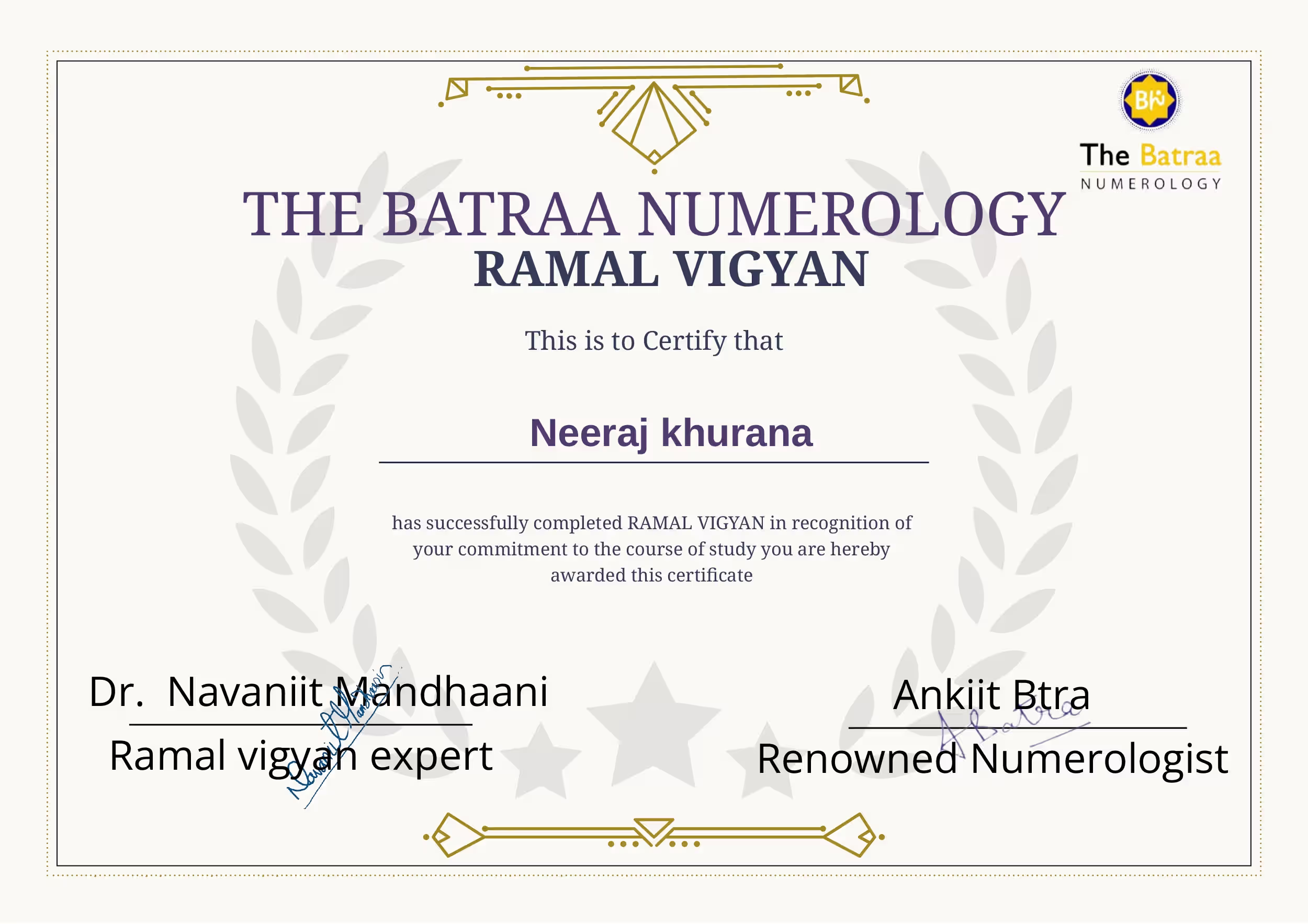 Ramal Vigyan certification issued to Neeraj khurana by The Batraa Numerology