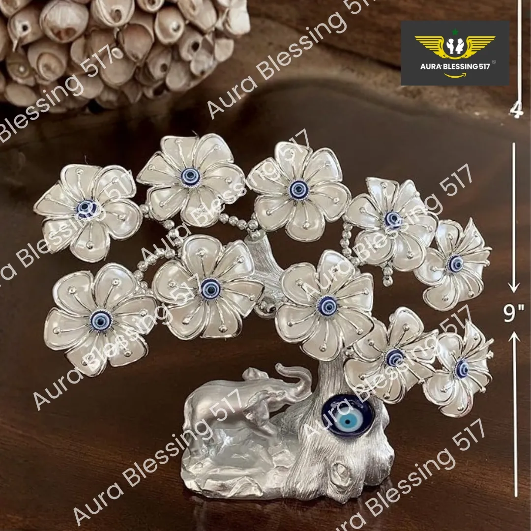 Blue Evil Eye Turkish Nazar Fortune Tree with Elephant — Silver & White Flowers — view 2 of 2