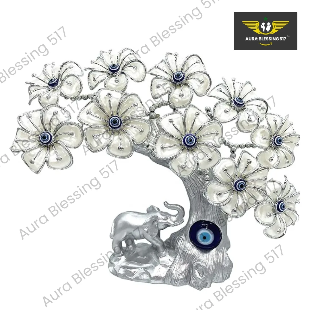 Blue Evil Eye Turkish Nazar Fortune Tree with Elephant — Silver & White Flowers
