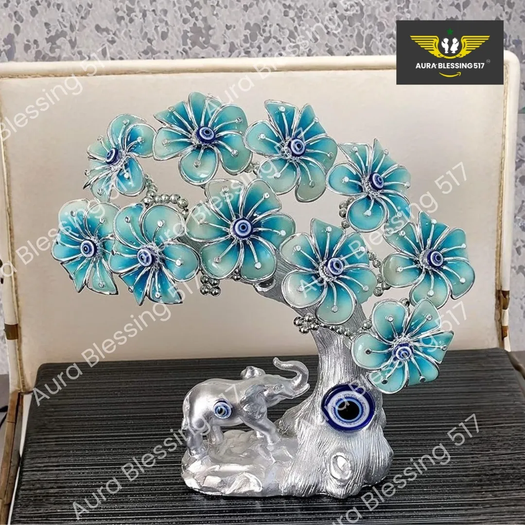 Blue Evil Eye Turkish Nazar Fortune Tree with Elephant — Silver & Blue — view 3 of 3